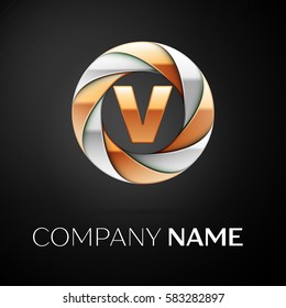 Letter V vector logo symbol in the colorful circle on black background. Vector template for your design