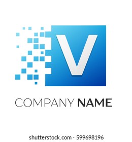 Letter V vector logo symbol in the colorful square with shattered blocks on white background. Vector template for your design