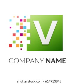 Letter V vector logo symbol in the colorful square with shattered blocks on white background. Vector template for your design