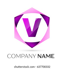 Letter V vector logo symbol in the colorful hexagonal on grey background. Vector template for your design