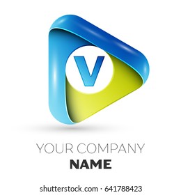 Letter V vector logo symbol in the colorful triangle on grey background. Vector template for your design