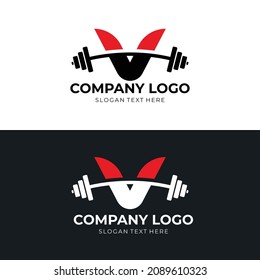 Letter V vector logo template, letter V with barbell logo in trendy flat style, fitness logo