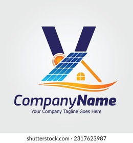 Plantilla del logotipo del vector de la letra V, logotipo de la letra colorida V, diseño del logotipo de la energía solar, logotipo del panel solar, energía renovable, marca de energía solar