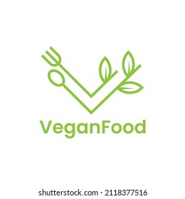 Brief / veganisches Lebensmittellogo. Buchstabe V mit Logo-Design für Löffel, Gabel und Blätter