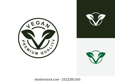 Letra V Logotipo vegano Etiqueta de producto orgánico. Logotipo de alimentos orgánicos, sello, emblema de la insignia, etiqueta engomada, producto natural, ecológico de las industrias alimentarias. Ilustración vectorial