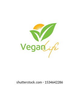 Letter V for Vegan Vegetable Vegetarian Veggie, Check Mark Tips Logo design with Natural Plant Leaf and Sun