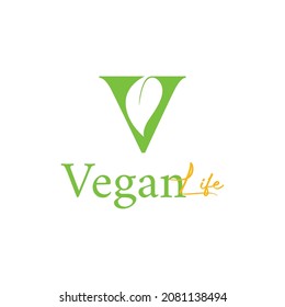 Letter V For Vegan Vegetable Vegetarian Veggie, Check Mark Tips Logo Design With Natural Plant Leaf And Sun