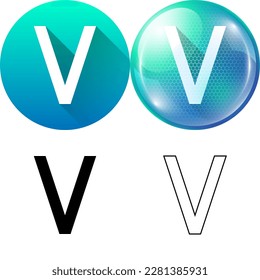 Letter V (Victor) Capital Uppercase Modern English Alphabet Icon Set of Circular Round Long Shadow, Futuristic Bubble, Black-White Silhouette, Line Art Isolated on White Background