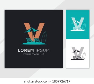 Letter V with vintage beach illustration logo template