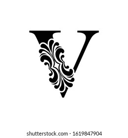 letter V. Vintage black flower ornament initial letters.  Alphabet. Logo vector 