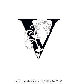 letter v . Vintage black flower ornament initial letters.  Alphabet. Logo vector 