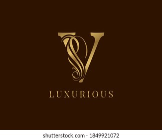 letter V vintage swirl royal alphabetic logo for luxurious brand