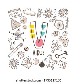 Letter V - Virus, cute alphabet series in doodle style, vector illustration
