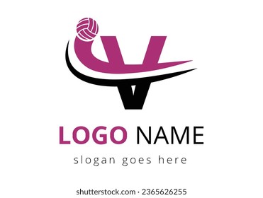 Letter V with Volleyball Sports Logo Template Design. Tennis Sport Academy Sign, Club Symbol. business, and company identity