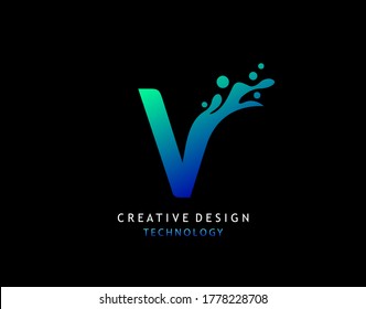 Letter V Water Splash Logo. Modern Techno Alphabetical Icon, Template Design.