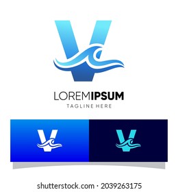 Letter V Water Wave Logo Design Vector Icon Graphic Emblem Illustration