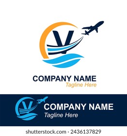 Letra V con logotipo de Onda y Avión Volador para Agencia de Viajes. Logotipo de diseño vectorial para etiqueta de transporte de viajes, turismo, publicidad de la compañía de vuelos