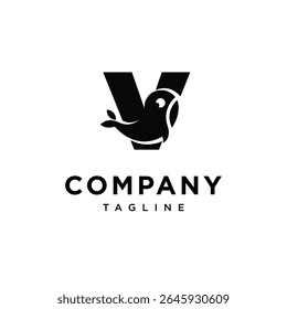 Letter V Whale Cute Logo Icon Vector
