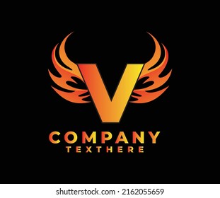 Letter V With Wing Logo. Flame Or Fire Gradient Color Logo.