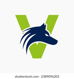 Logo des Buchstaben V Wolf. Wolf-Symbol-Vektorvorlage