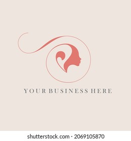 Letter V, woman portrait logo. Beauty salon calligraphic icon isolated on light background. Alphabet initial monogram. Decorative swirl character sign. Elegant, luxury, glamour style symbol.