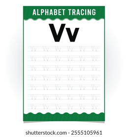 letter V for writing practice. English alphabet tracing practice worksheets, educational letters dot tracing pattern For children in kindergarten