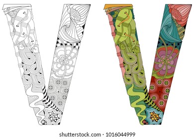 Letter V zentangle for coloring. Vector decorative object