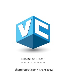 Letter VC logo in hexagon shape and blue background, cube logo with letter design for company identity.
