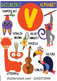 Letra V.Cute alfabeto infantil con animales adorables y otras cosas. Afiche para niños que aprenden vocabulario inglés.Dibujo vectorial de dibujos animados.