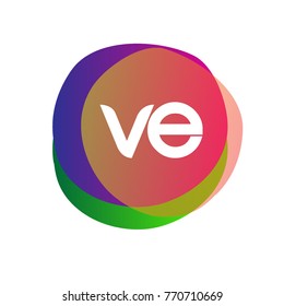 Letter VE logo with colorful splash background, letter combination logo design for creative industry, web, business and company.
