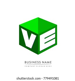 Letter VE logo in hexagon shape and green background, cube logo with letter design for company identity.
