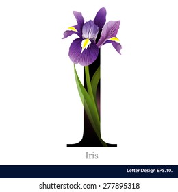 Letter I  vector alphabet with Iris flower. ABC concept type as logo. Typography design.