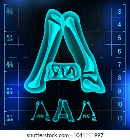 A Letter Vector. Capital Digit. Roentgen X-ray Font Light Sign. Medical Radiology Neon Scan Effect. Alphabet. 3D Blue Light Digit With Bone. Medical, Hospital, Futuristic, Horror Style. Illustration