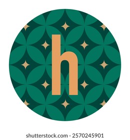 Letter ‘h’ vector design on a floral geometric green and gold circular background. Perfect for branding, logos, or posters with a clean and modern aesthetic.