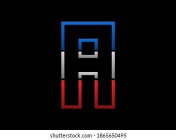 A letter vector desing, outline stroke font logo. Dynamic split grey,  blue color on black background. For social media,design elements, creative poster, web template and more


