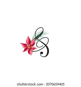 Letter  vector holiday illustration with tree branches and cones. Floral alphabet merry christmas. Monogram initials are perfect for greeting card, logo, poster. Isolated on white background 