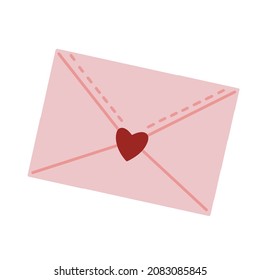 Letter vector icon. Hand drawn closed pink envelope with heart stamp. Romantic message for valentine's day. Flat style, isolated element. Cute package, festive template for decoration, design.