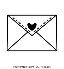 Letter vector icon. Hand-drawn engraving. Closed envelope with a stamp in the shape of a heart. Valentine's day message. Black and white postal concept for decoration, design of cards, invitations.