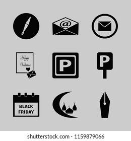 letter vector icons set. with parking sign, heart envelope, envelope and fountain pen in set