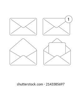 Ilustración vectorial de letra aislada. Imagen de arte de la línea de sobres. Icono de mensaje en blanco y negro