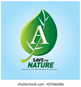 Letter A vector logo and icon save the nature. Go green poster design. Ecology campaign publication