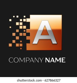 Letter A vector logo symbol in the colorful square with shattered blocks on black background. Vector template for your design