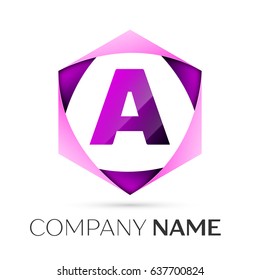 Letter A vector logo symbol in the colorful hexagonal on grey background. Vector template for your design