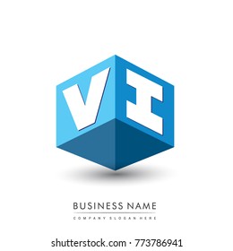 Letter VI logo in hexagon shape and blue background, cube logo with letter design for company identity.
