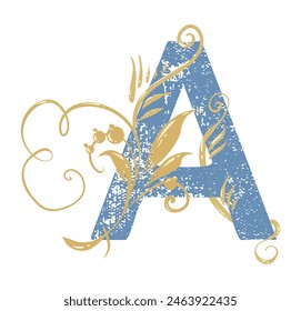 Letter a in vintage style with beautiful gold swirls. The letter is shabby as if it were old. Traditional floral motifs. For monogram, invitations, wedding, decoration.