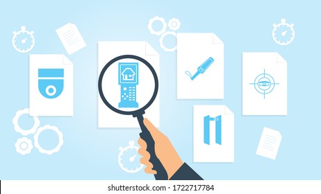 Brief, Virus, klicken Sie auf Datei, Dokument-Recherche Vektorgrafik. Dokument mit Suchsymbolen. Datei und Vergrößerungsglas. Forschungszeichen für Analytik Vektorgrafik