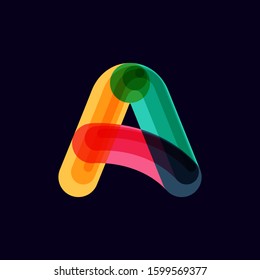Letter A vivid logo with overlapping lines on black background. Vector typeface for vibrant identity, nightlife, techno sphere.