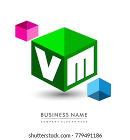 Letter VM logo in hexagon shape and green background, cube logo with letter design for company identity.
