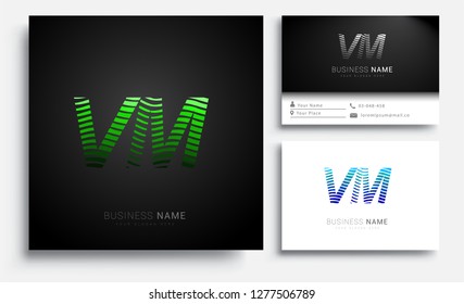 Letter VM logotype with colorful circle, with striped composition letter, sets of business card for company identity, creative industry, web.