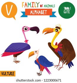 Letter V-Mega big set.Cute vector alphabet with family of animals in cartoon style.